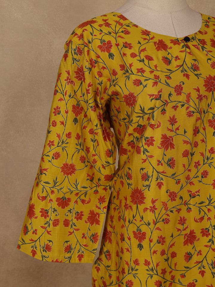 Yellow Floral Design Cotton Kurti - Diadem