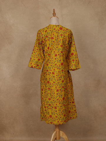 Yellow Floral Design Cotton Kurti - Diadem