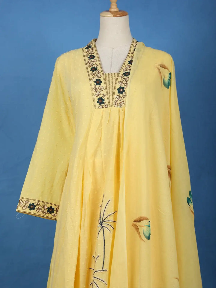 Yellow Floral Design Cotton Salwar Suit - Diadem