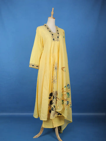 Yellow Floral Design Cotton Salwar Suit - Diadem