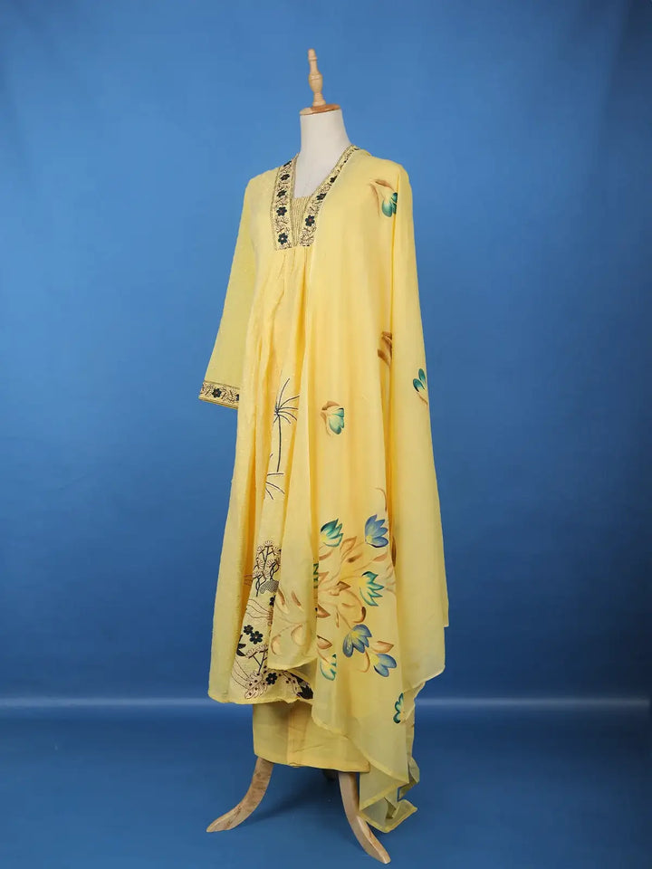 Yellow Floral Design Cotton Salwar Suit - Diadem