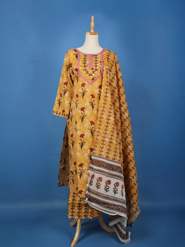 Yellow Floral Design Printed Cotton Salwar Suit - Diadem