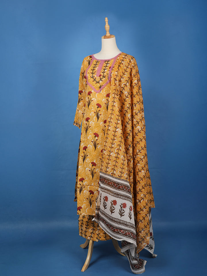 Yellow Floral Design Printed Cotton Salwar Suit - Diadem