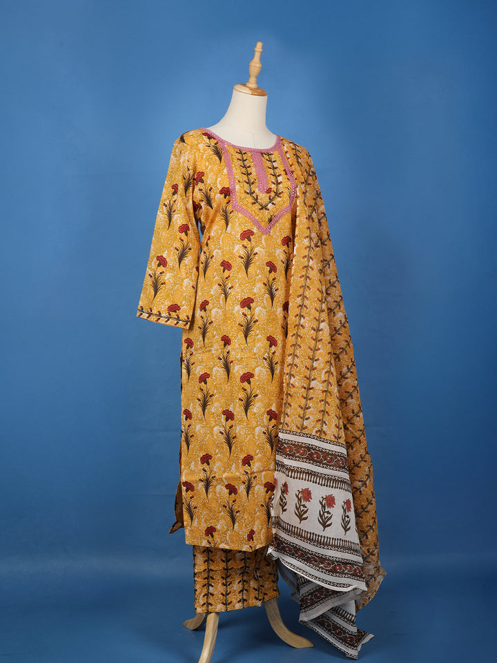 Yellow Floral Design Printed Cotton Salwar Suit - Diadem