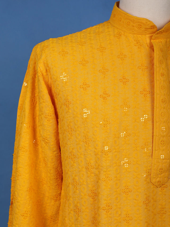 Yellow Floral Designed Cotton Kurta - Diadem