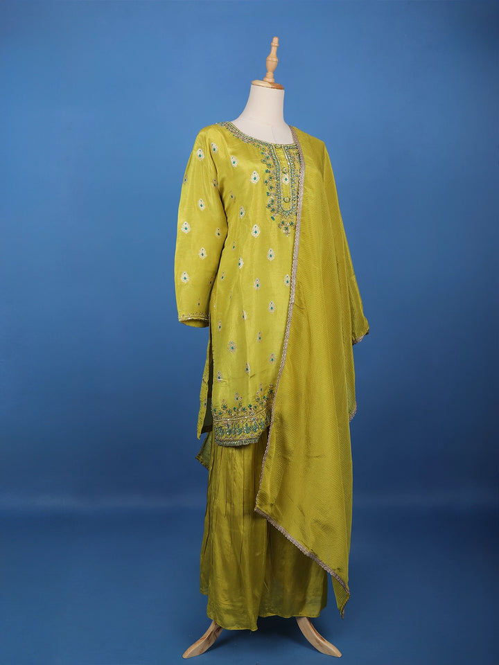 Yellow Floral Embroidered Silk Sharara Set - Diadem