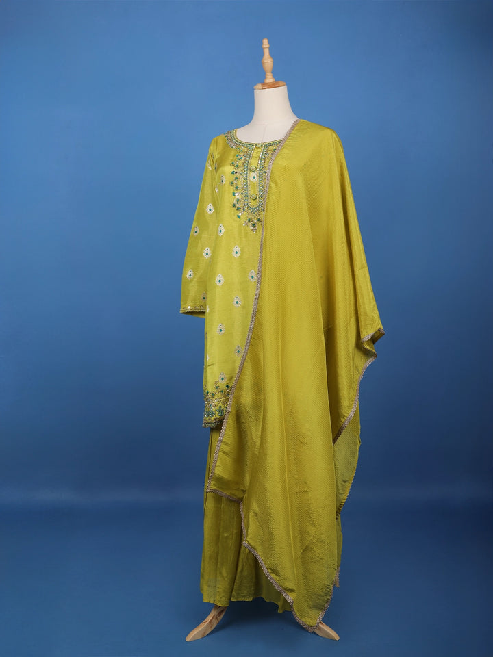 Yellow Floral Embroidered Silk Sharara Set - Diadem