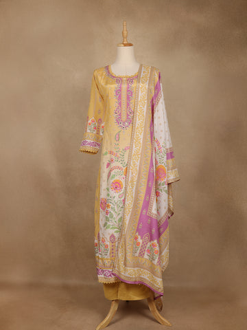 Yellow Floral Printed Cotton Salwar Suit With Dupatta - Diadem