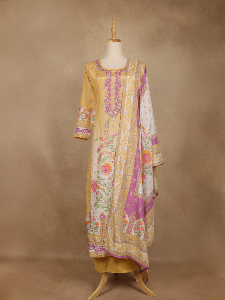 Yellow Floral Printed Cotton Salwar Suit With Dupatta - Diadem