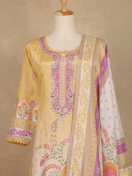 Yellow Floral Printed Cotton Salwar Suit With Dupatta - Diadem