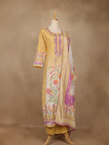 Yellow Floral Printed Cotton Salwar Suit With Dupatta - Diadem