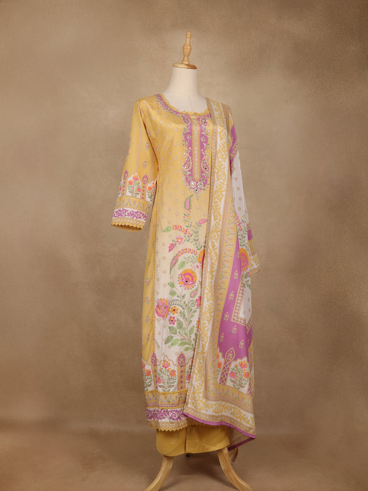 Yellow Floral Printed Cotton Salwar Suit With Dupatta - Diadem