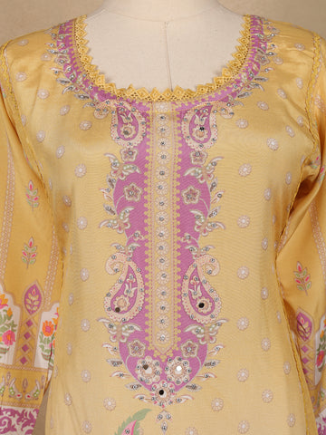 Yellow Floral Printed Cotton Salwar Suit With Dupatta - Diadem