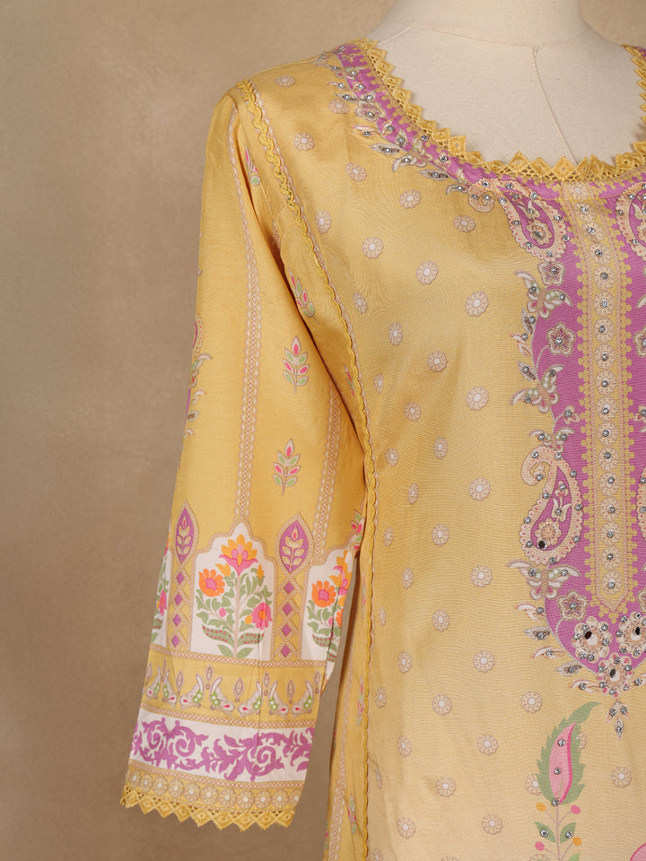 Yellow Floral Printed Cotton Salwar Suit With Dupatta - Diadem