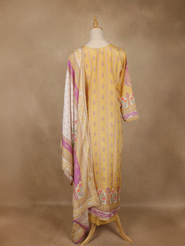 Yellow Floral Printed Cotton Salwar Suit With Dupatta - Diadem