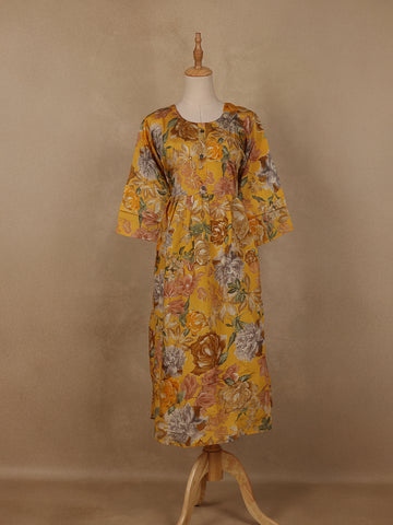 Yellow Floral Printed Rayon Kurti - Diadem