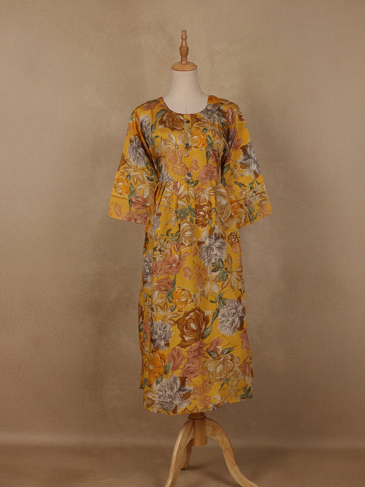 Yellow Floral Printed Rayon Kurti - Diadem