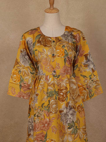 Yellow Floral Printed Rayon Kurti - Diadem