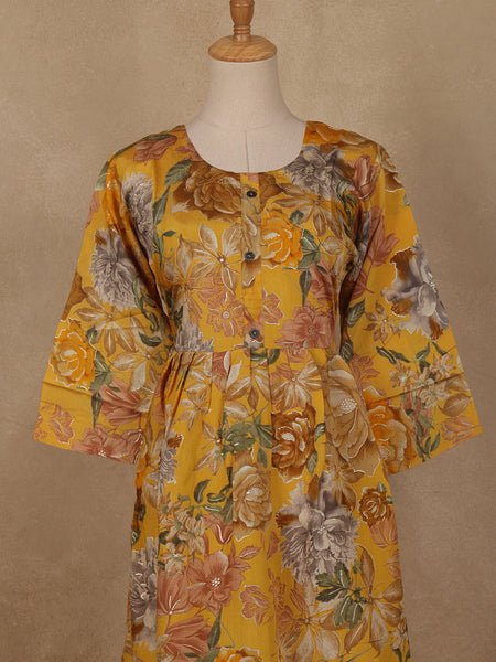 Yellow Floral Printed Rayon Kurti - Diadem