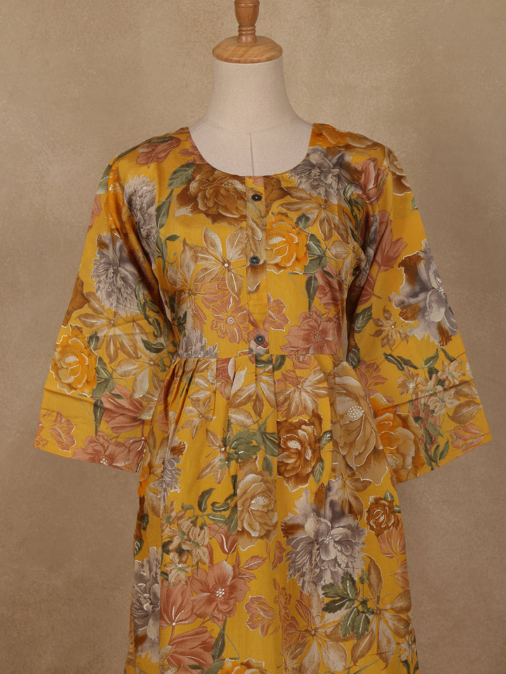 Yellow Floral Printed Rayon Kurti - Diadem