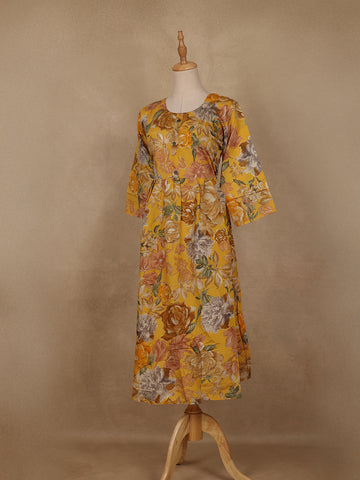 Yellow Floral Printed Rayon Kurti - Diadem