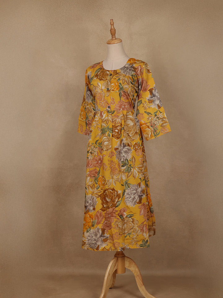 Yellow Floral Printed Rayon Kurti - Diadem