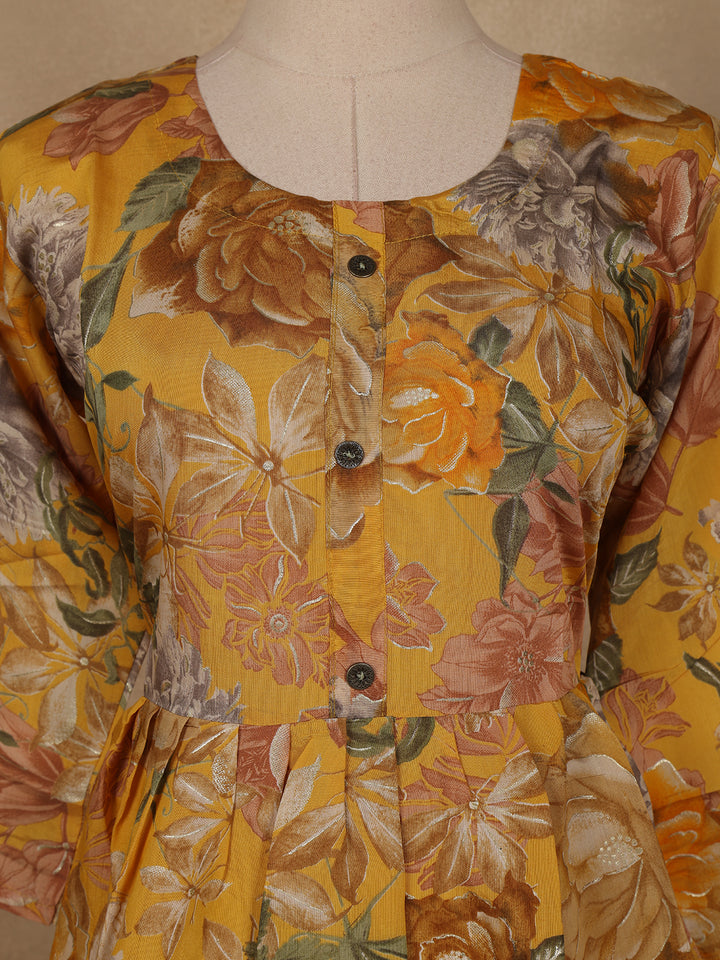 Yellow Floral Printed Rayon Kurti - Diadem