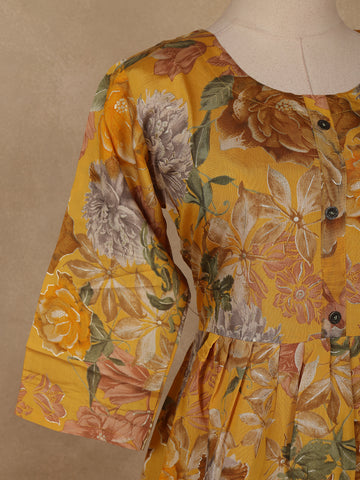 Yellow Floral Printed Rayon Kurti - Diadem