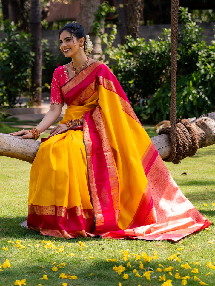 Yellow Floral Woven Pure Kanchipuram Silk Saree - Diadem