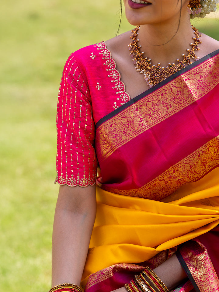 Yellow Floral Woven Pure Kanchipuram Silk Saree - Diadem