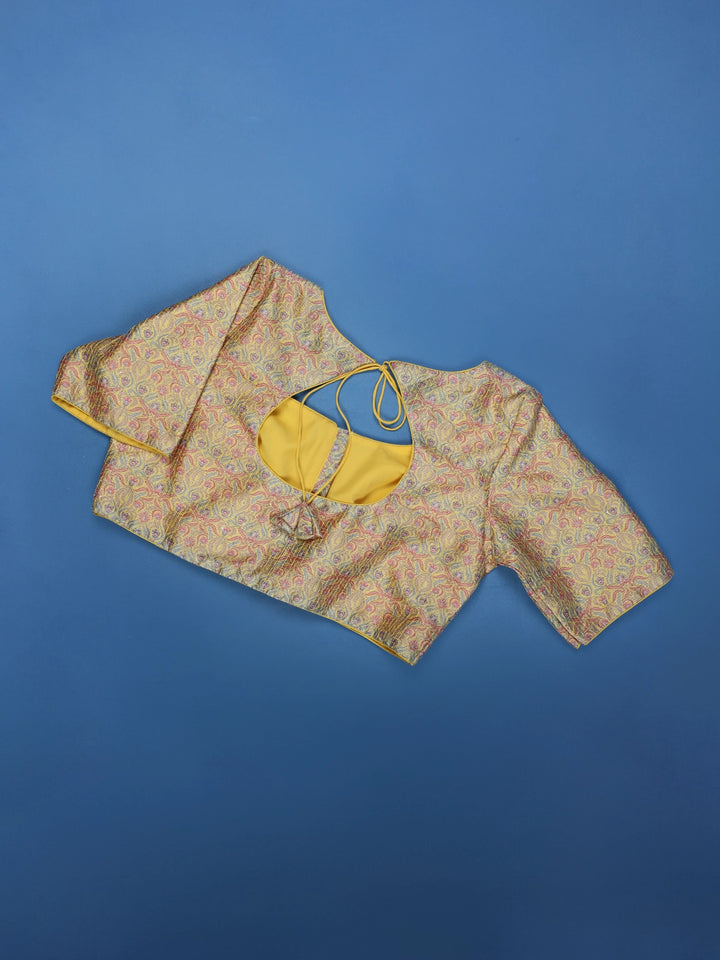Yellow Multicolor Floral Printed Silk Readymade Blouse - Diadem