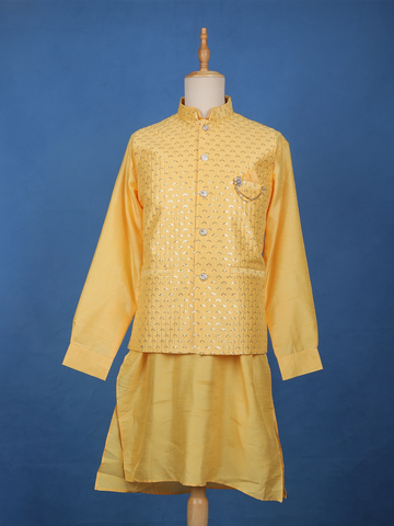 Yellow Sequin Embroidered Brocade Kurta Pyjama - Diadem