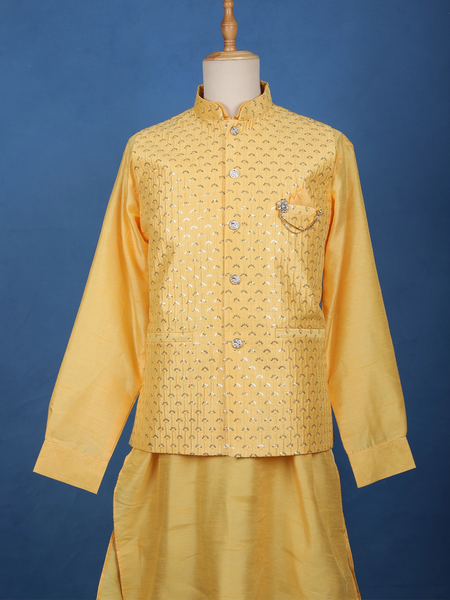 Yellow Sequin Embroidered Brocade Kurta Pyjama - Diadem