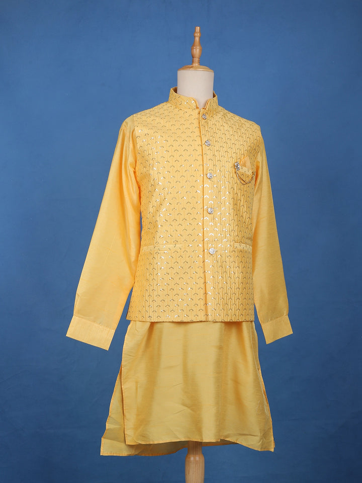 Yellow Sequin Embroidered Brocade Kurta Pyjama - Diadem