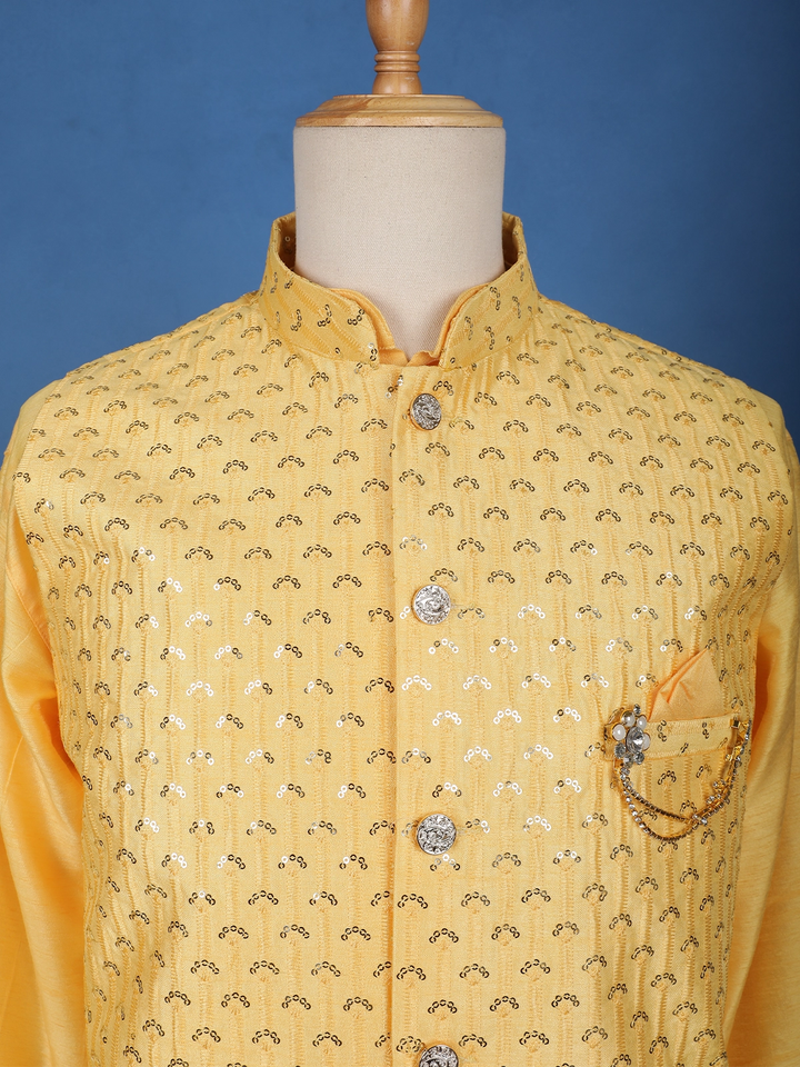 Yellow Sequin Embroidered Brocade Kurta Pyjama - Diadem