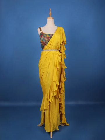 Yellow Solid Designed Ruffle Drape Georgette Ready To Wear Saree - Diadem