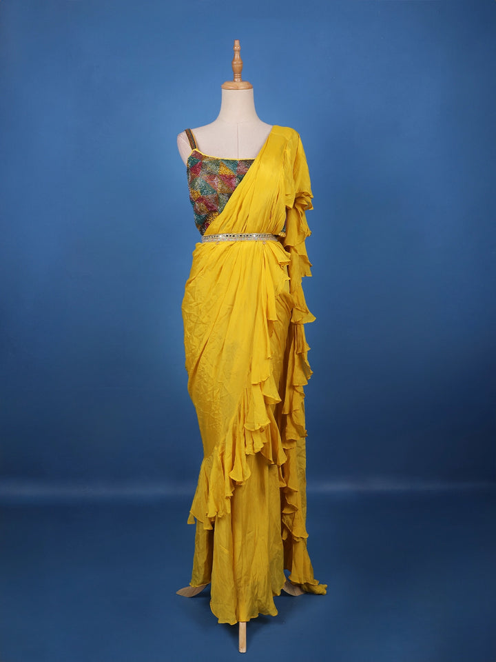 Yellow Solid Designed Ruffle Drape Georgette Ready To Wear Saree - Diadem