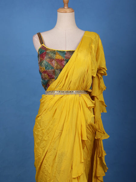 Yellow Solid Designed Ruffle Drape Georgette Ready To Wear Saree - Diadem