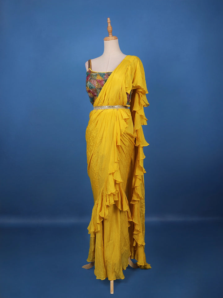 Yellow Solid Designed Ruffle Drape Georgette Ready To Wear Saree - Diadem