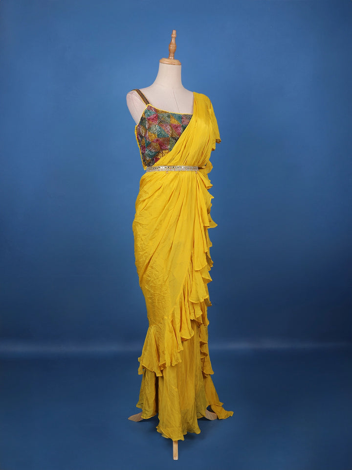 Yellow Solid Designed Ruffle Drape Georgette Ready To Wear Saree - Diadem