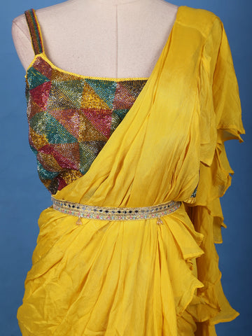 Yellow Solid Designed Ruffle Drape Georgette Ready To Wear Saree - Diadem