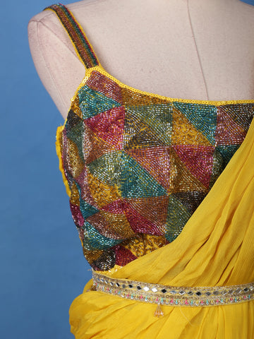 Yellow Solid Designed Ruffle Drape Georgette Ready To Wear Saree - Diadem