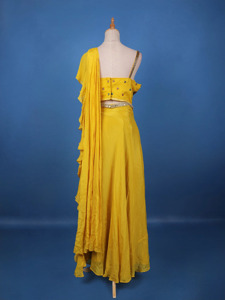Yellow Solid Designed Ruffle Drape Georgette Ready To Wear Saree - Diadem