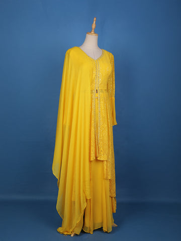 Yellow Embroidered Layered Georgette Salwar Suit - Diadem