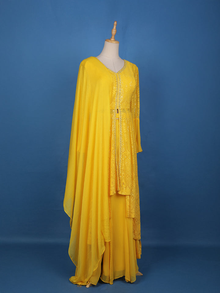 Yellow Embroidered Layered Georgette Salwar Suit - Diadem