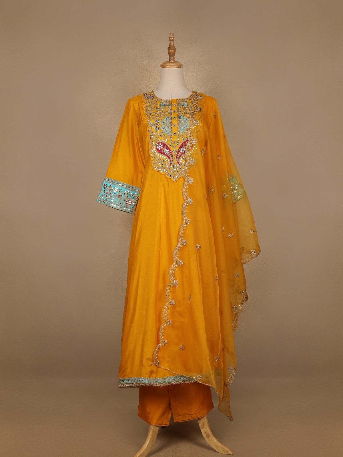 Yellow Floral And Paisley Embroidered Semi Silk Straight Cut Salwar Suit - Diadem
