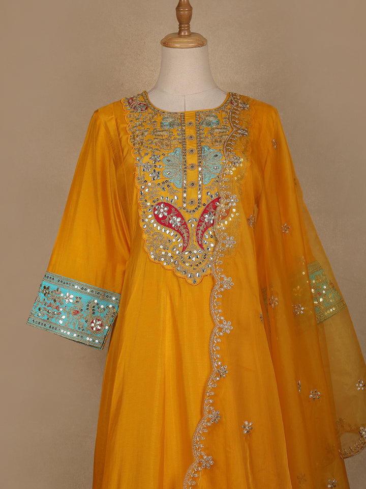 Yellow Floral And Paisley Embroidered Semi Silk Straight Cut Salwar Suit - Diadem