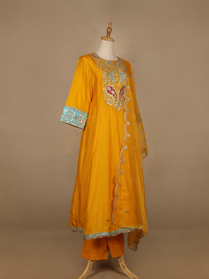 Yellow Floral And Paisley Embroidered Semi Silk Straight Cut Salwar Suit - Diadem