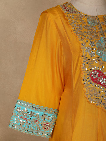 Yellow Floral And Paisley Embroidered Semi Silk Straight Cut Salwar Suit - Diadem