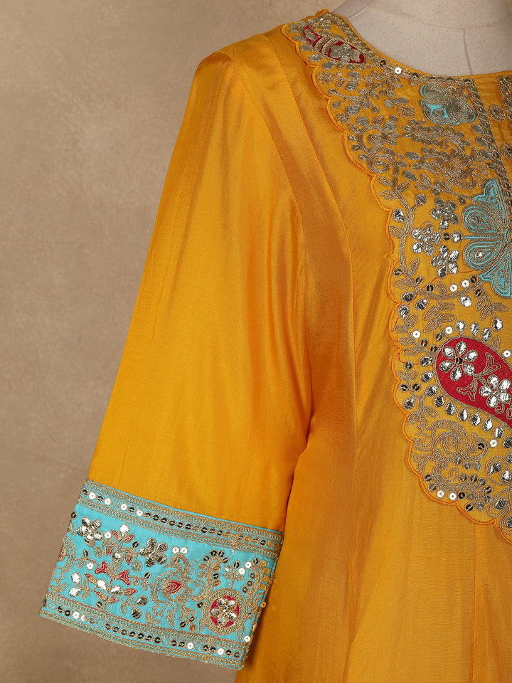 Yellow Floral And Paisley Embroidered Semi Silk Straight Cut Salwar Suit - Diadem